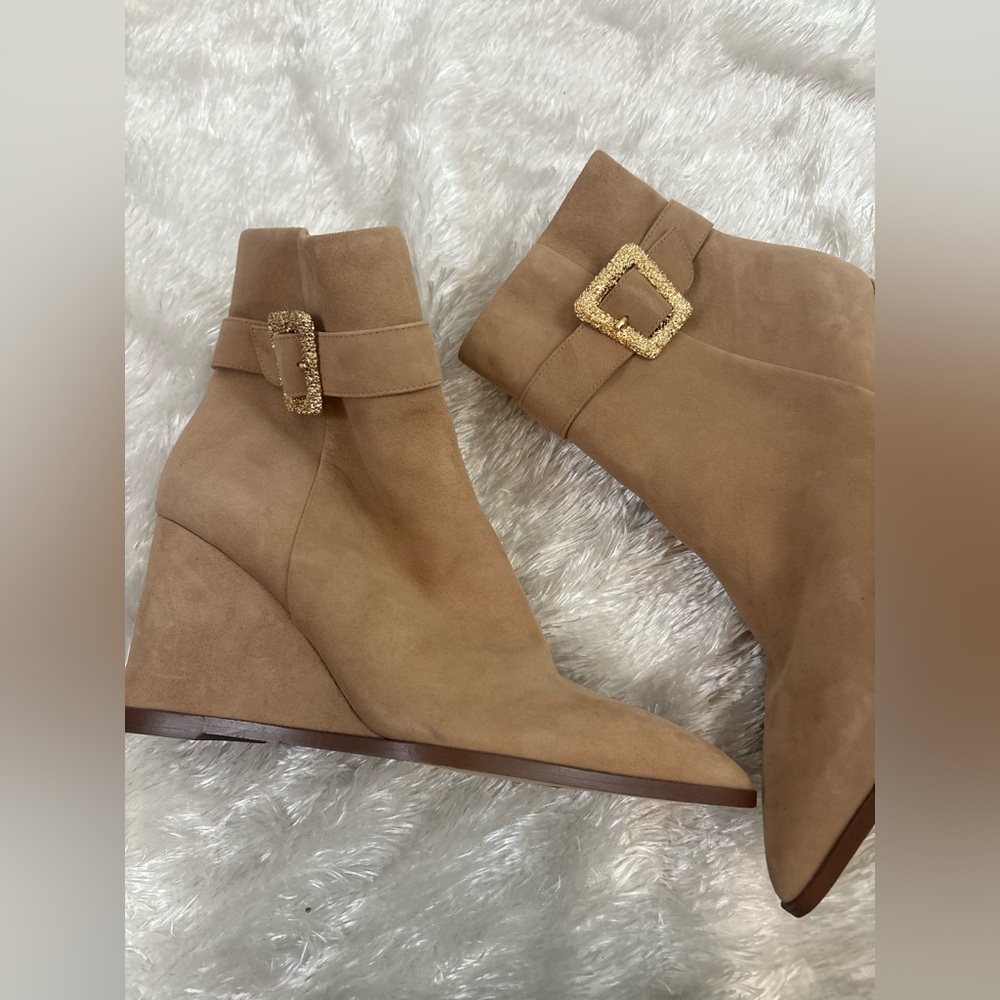 Sam Edelman Weslie suede buckle wedge boots in golden caramel size 8